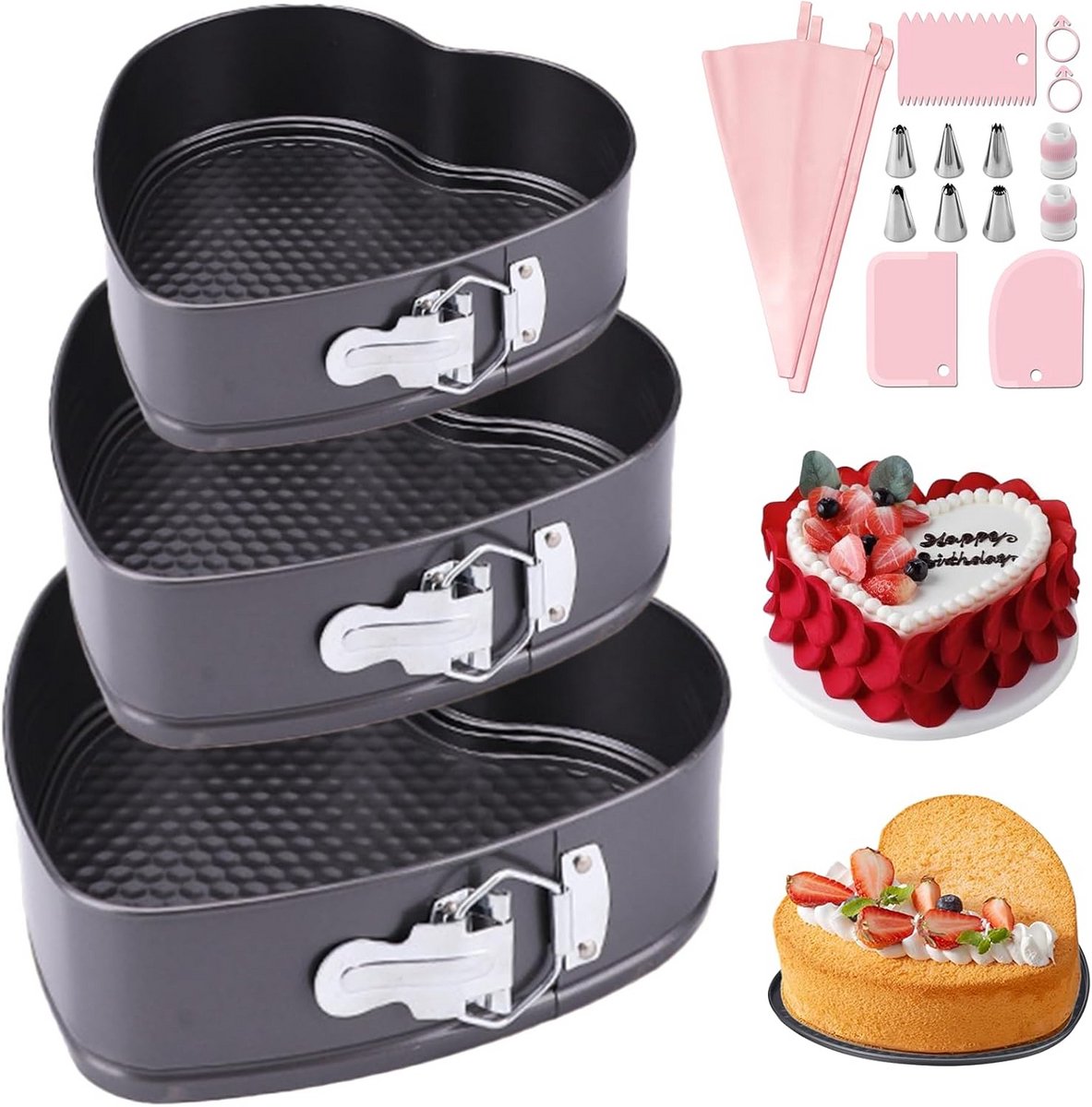 Set van 3 Ronde Springvormen met Antiaanbaklaag - Lekvrij en Afneembare Bodem - Bakvormen 20, 22, 24 cm