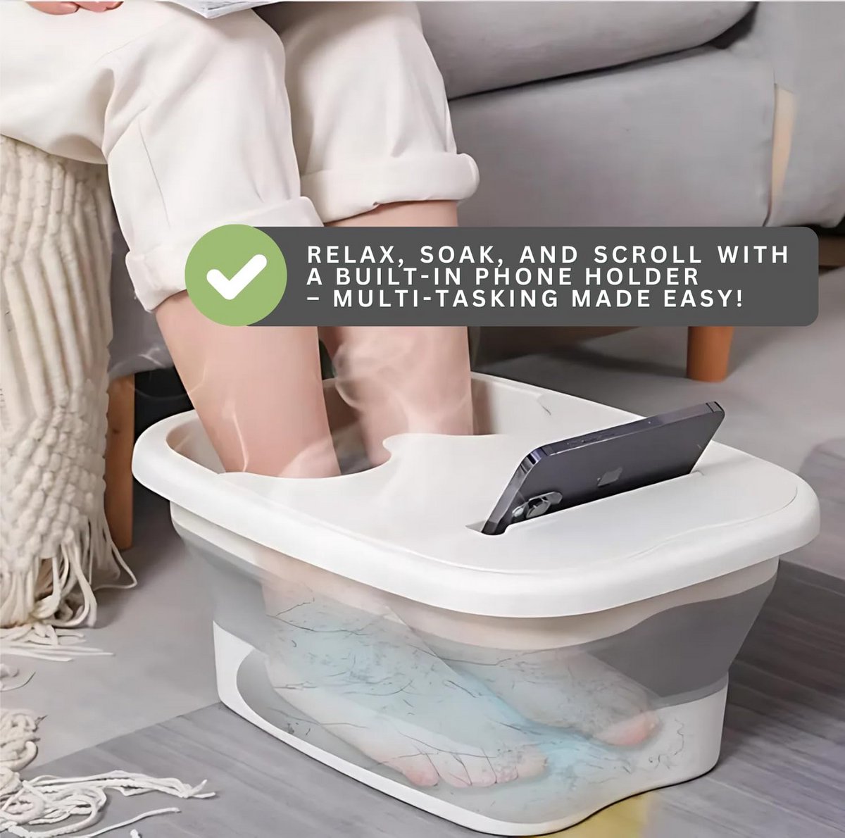 Opvouwbaar Voetenbad met Massage, Inklapbare Pedicure Bowl met Afvoer en Telefoonhouder