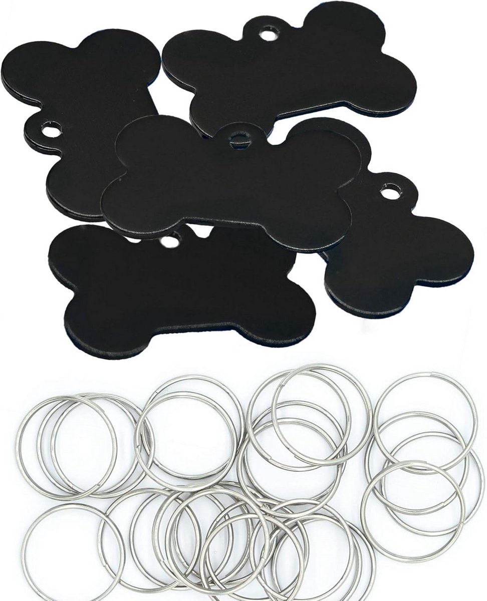 20x Aluminium Hondenpenning Botvorm ID-Tag voor Huisdieren met Sleutelhanger - Zwart
