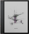 E-paper apparaat met een schets van een futuristisch gebouw met paarse en groene accenten.