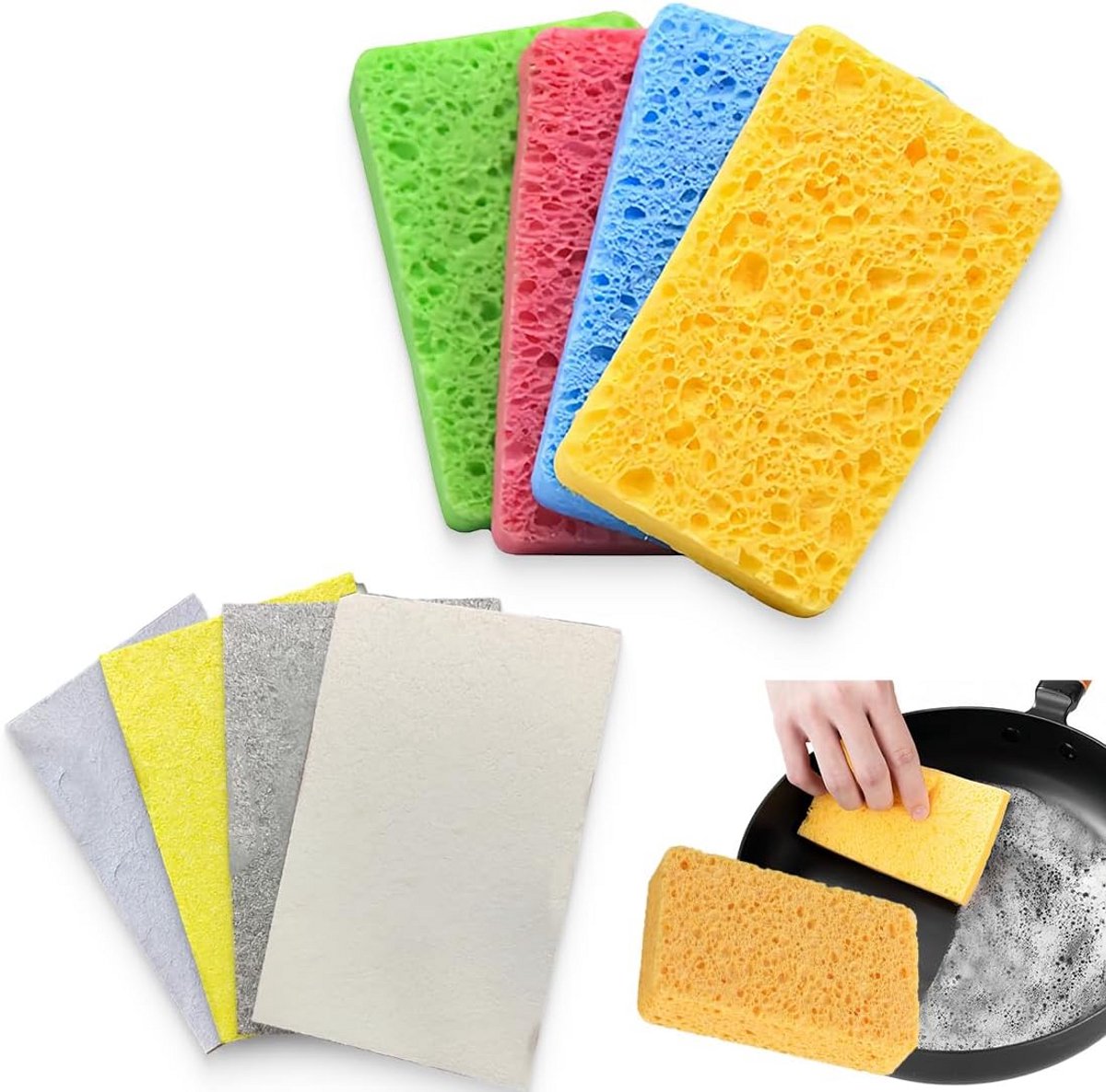 8x Gecomprimeerde Natuurlijke Cellulosesponzen voor Keuken en Afwas