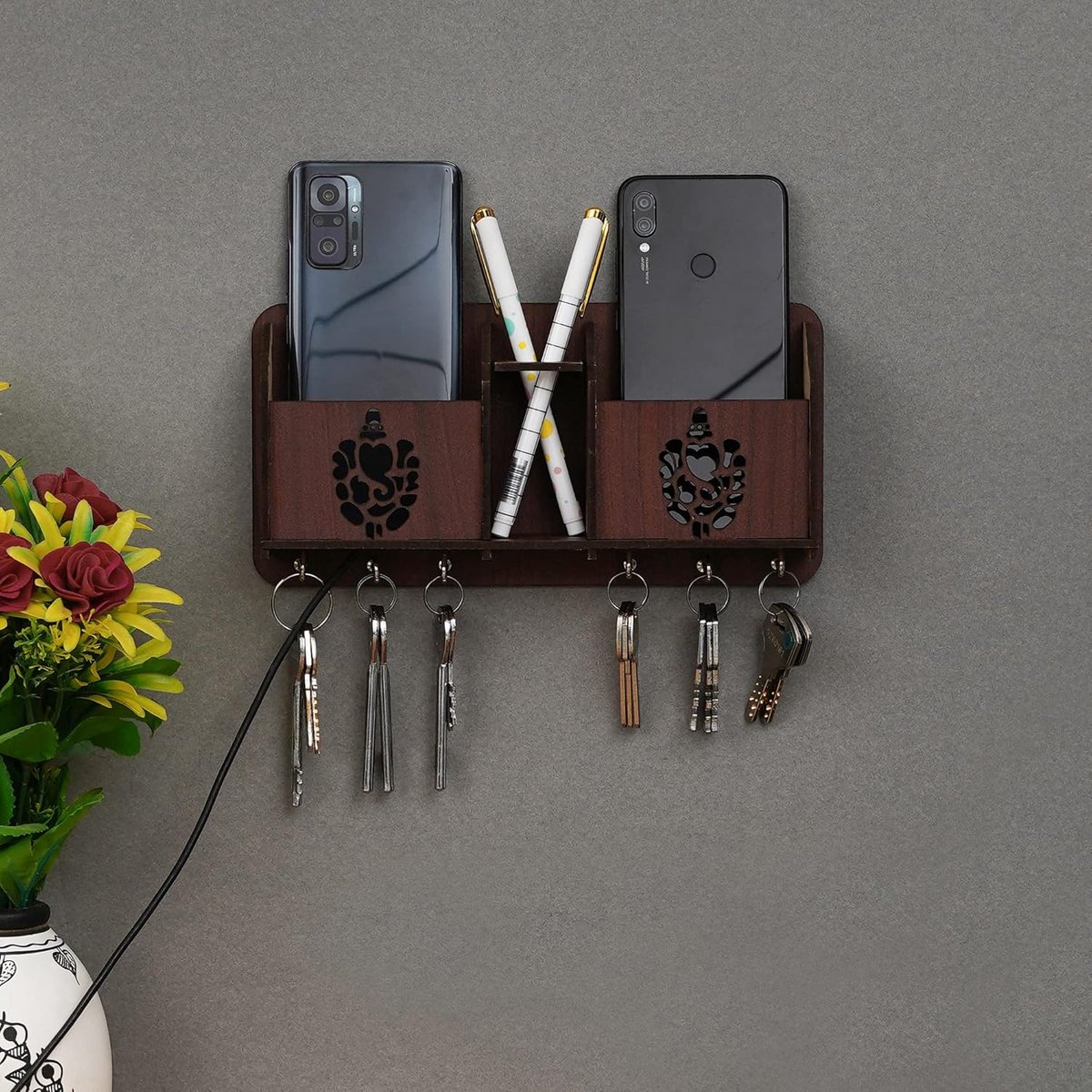 Houten Wandhouder voor Mobiele Telefoon en Sleutels met 6 Haken