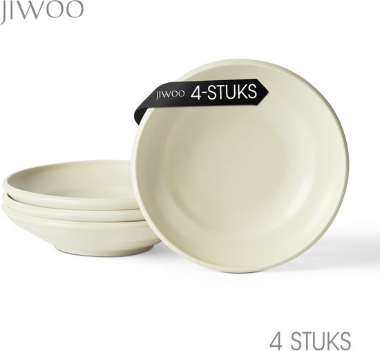 Set van vier witte diepe borden van Jiwoo, één bord met label 'Jiwoo 4-stuks'.