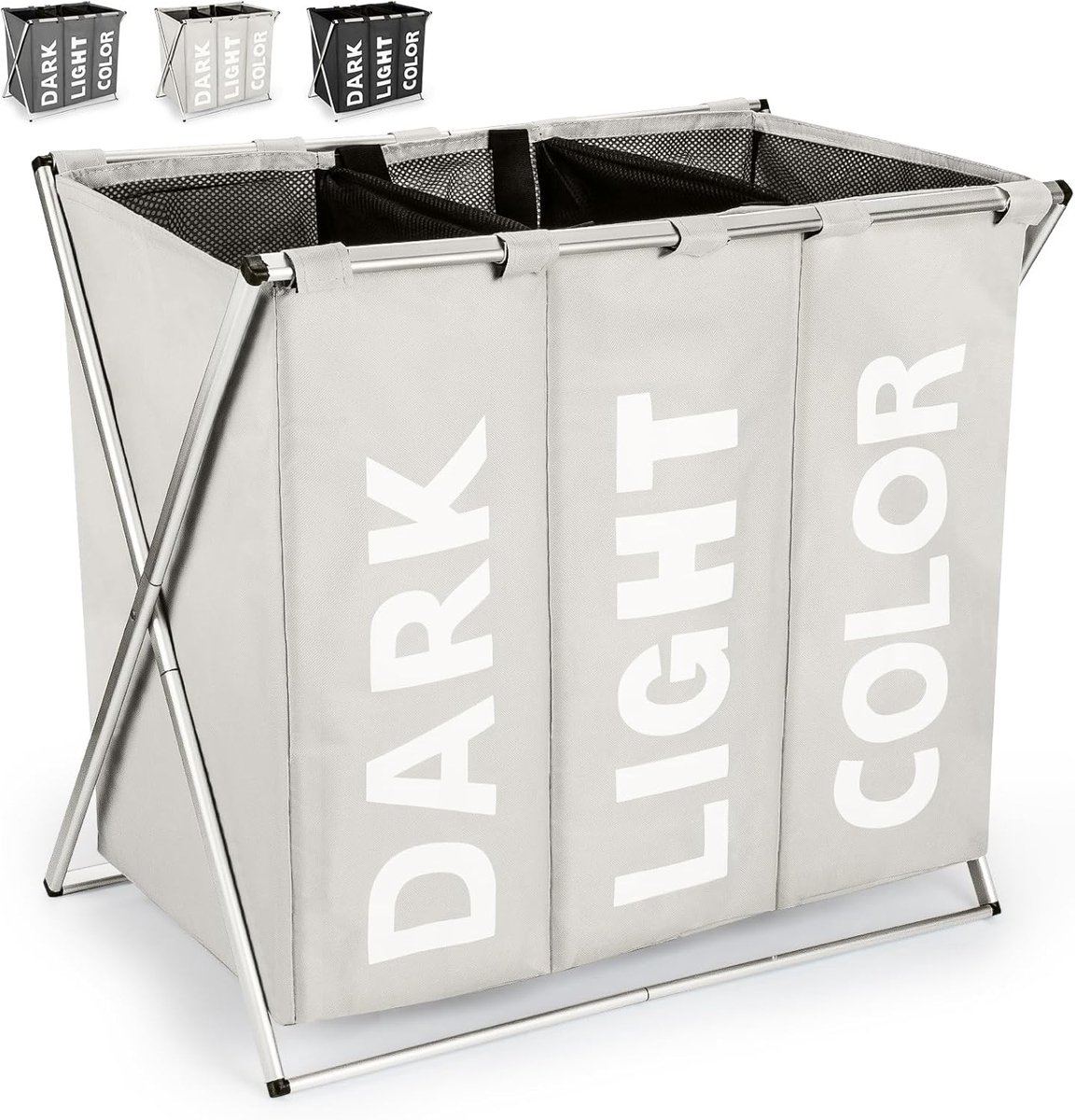 Wasmand 3 Vakken - Wassorteerder -100L-Lichtgrijs