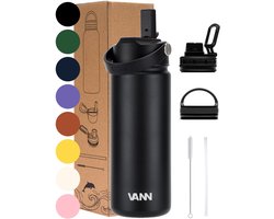 VANN® 3-Wandige RVS Waterfles 500 ML met rietje voor volwassenen – Met 5 accessoires – bidon – 24 uur koud/12 uur warm – Satin Noir – VANN Ultimate Bottle®