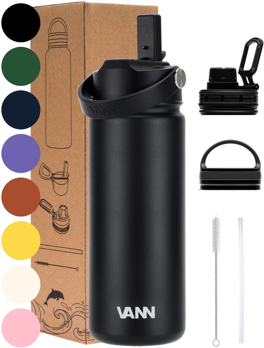 Bol.com VANN® 3-Wandige RVS Waterfles 500 ML met rietje voor volwassenen – Met 5 accessoires – bidon – 24 uur koud/12 uur warm –... aanbieding