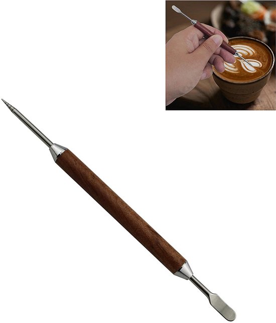 1 pièce stylo à latte art en acier inoxydable - poignée en bois pour une prise confortable - aiguille de stylisation de café - stylo de décoration latte - 35*9*158 mm - adapté aux décorations de café DIY - argenté.