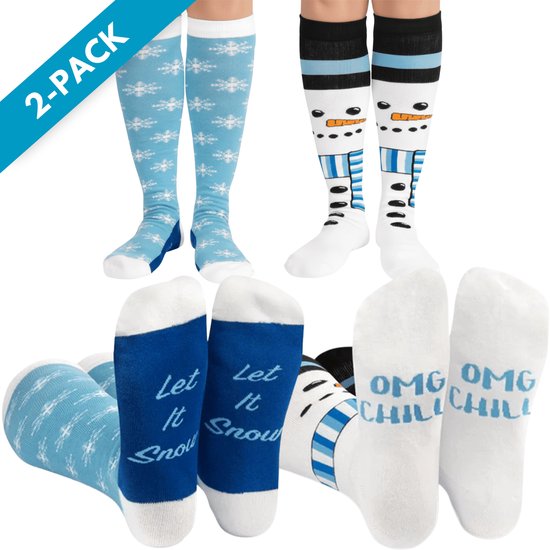 Malinsi® Kerstsokken Grappige Sokken - 2pack Snowflake/Snowman - Leuke Huissokken Heren & Dames - Gekke Cadeaus - Vrolijke Cadeautjes Volwassenen - Funny Socks - Cadeau voor Mannen - Moederdag Geschenk met Tekst - Geschenkset Giftset Vriendin