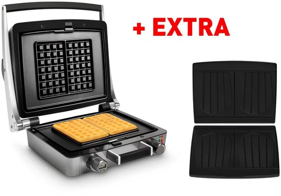 Fritel Wafelijzer met 2 wafels, een open bovenkant met wafelpatroon en extra wafelplaten ernaast. + EXTRA.