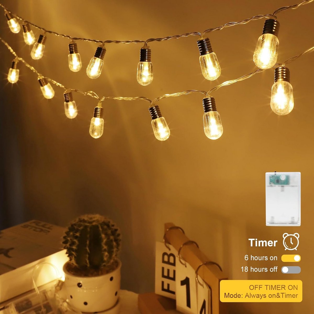 Sfeervolle LED Lichtersnoer op Batterijen met Timer, Warm Wit Licht voor Binnen en Buiten — cadeau in Wonen & Interieur - foto 3
