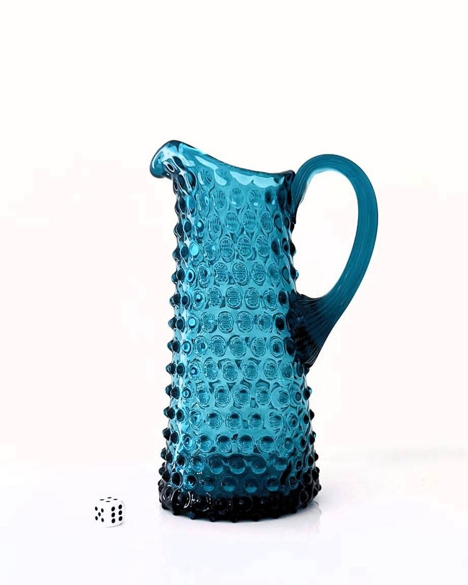 Bohemia - HOBNAIL JUG - hoge waterkaraf - blauw - petrol kleur - karaffen glas - glazen kan - ook als vaas