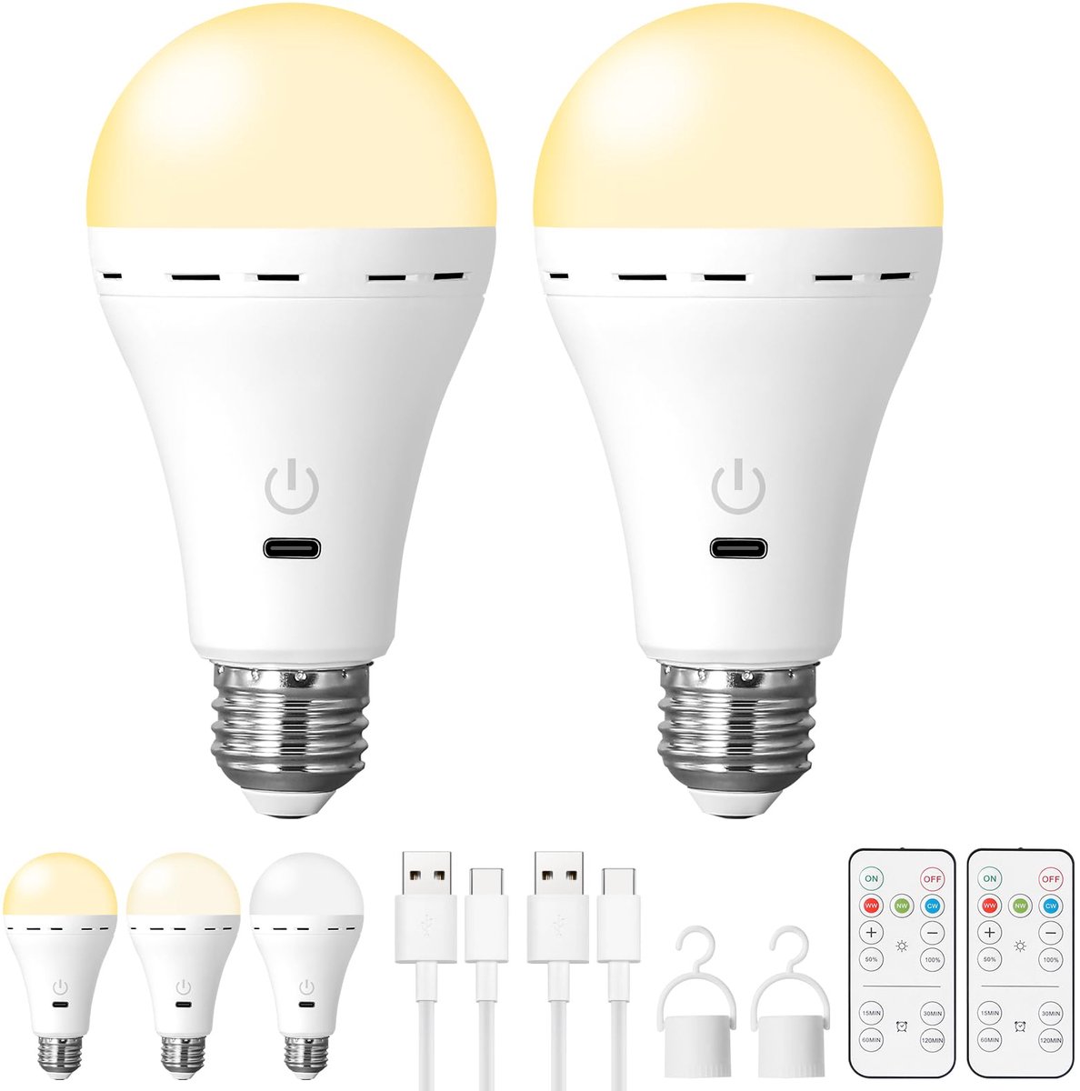 Ynkkvre - Magische oplaadbare gloeilamp met afstandsbediening, E27 draadloze gloeilamp op batterijen, draadloze slimme LED-lamp op batterijen zonder elektriciteit, 2200 mAh/dimbaar/timer