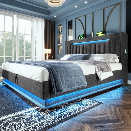 Bed 160x200cm Met Opbergruimte En Ledverlichting, Opbergbed Met Lattenbodem Gestoffeerd Tweepersoonsbed Met Usb En Type C Fluweel Wit