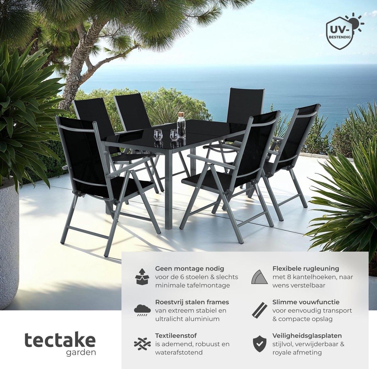 tectake® Tuinset - Tuintafel met Tuinstoelen - 6 Stoelen en 1 Tuintafel met Glazen Blad - Weerbestendige Tuinmeubelset voor het balkon of tuin - 6 Personen - Antraciet – foto 2