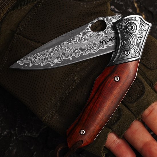 Couteau de poche Damas avec housse en cuir - Acier Damas - Survie - Couteau Plein air - Couteau de poche - Couteaux de poche - Couteaux de poche - Manche en bois - Robuste - Couteau de camping - Couteau de chasse - Camping - 18cm - Astuce cadeau