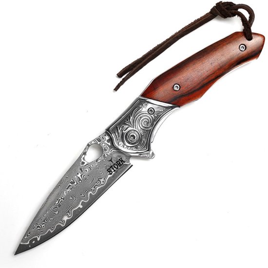 Couteau de poche Damas avec housse en cuir - Acier Damas - Survie - Couteau Plein air - Couteau de poche - Couteaux de poche - Couteaux de poche - Manche en bois - Robuste - Couteau de camping - Couteau de chasse - Camping - 18cm - Astuce cadeau