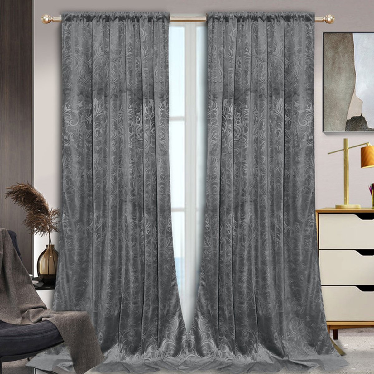 MUPOO Kant-en-Klaar Velours Gordijnen – 2 Stuks Luxe Crushed Velvet met Damastdesign – Verduisterend & Warmtewerend, Superzacht en Dikker – Rod Pocket & Back Tab – Ideaal voor Woonkamer/Slaapkamer – Donkergrijs 132cm×225cm Donkerblauw