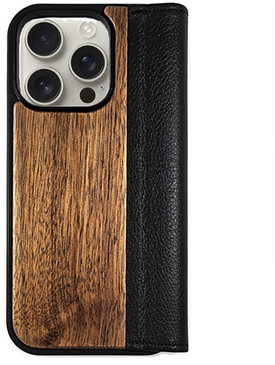 Houten flip case, iPhone 16 Pro – Noten met zwart leer