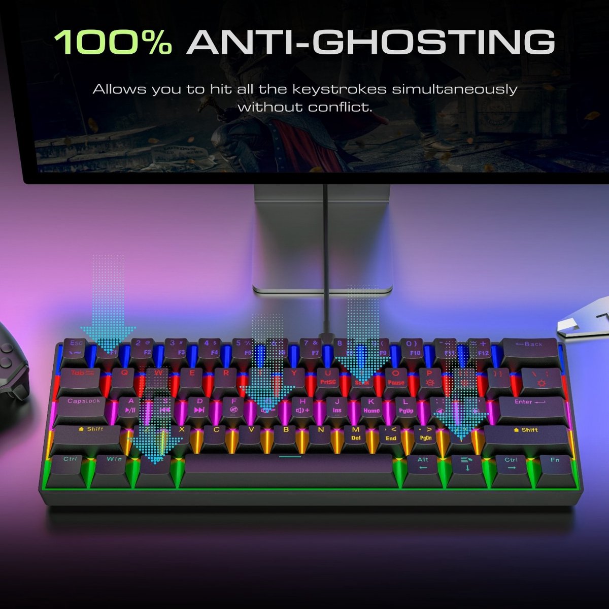 TMICE CX23 – 60% Mechanical Keyboard – Blue Switch – RGB Backlight – Zwart Mechanisch Gaming Toetsenbord – Compact Wired Type-C – 61 Keys – Anti-Ghosting – Ergonomic Design thumbnail 2