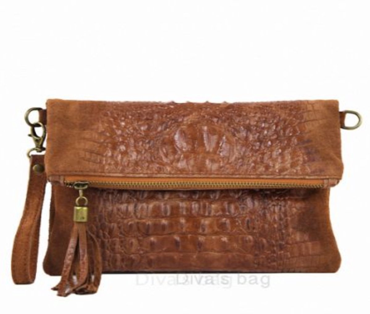 100% suede tas met krokodillenprint - clutch schoudertas - binnen zak - kleur BRUIN