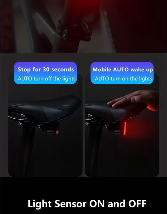TWOOC Smart Bike achterlicht, automatisch start-stop remgevoelige LED achterlicht, oplaadbaar — afbeelding 3
