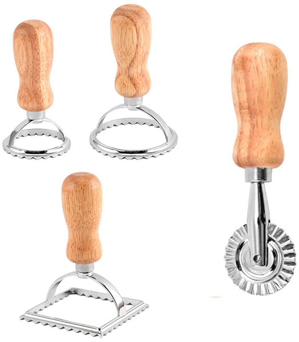 set van 4 raviolisnijders - Raviolimakers met houten handvat - Set van 3 vormsnijders en 1 pastawiel voor het snijden van zelfgemaakte ravioli