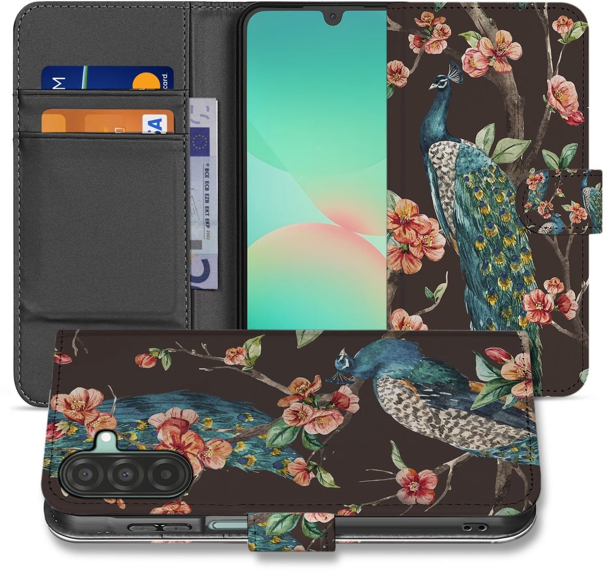 Samsung Galaxy A17 Bookcase Hoesje Met Pasjes Pauw Bloemen Print