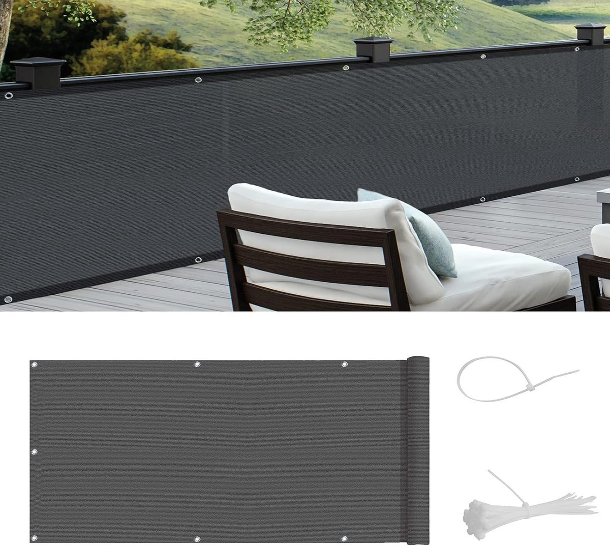 Stunq® Balkonscherm van HDPE, uv-bescherming, licht transparant, balkonbekleding met kabelbinders, 90 x 600 cm, grafiet