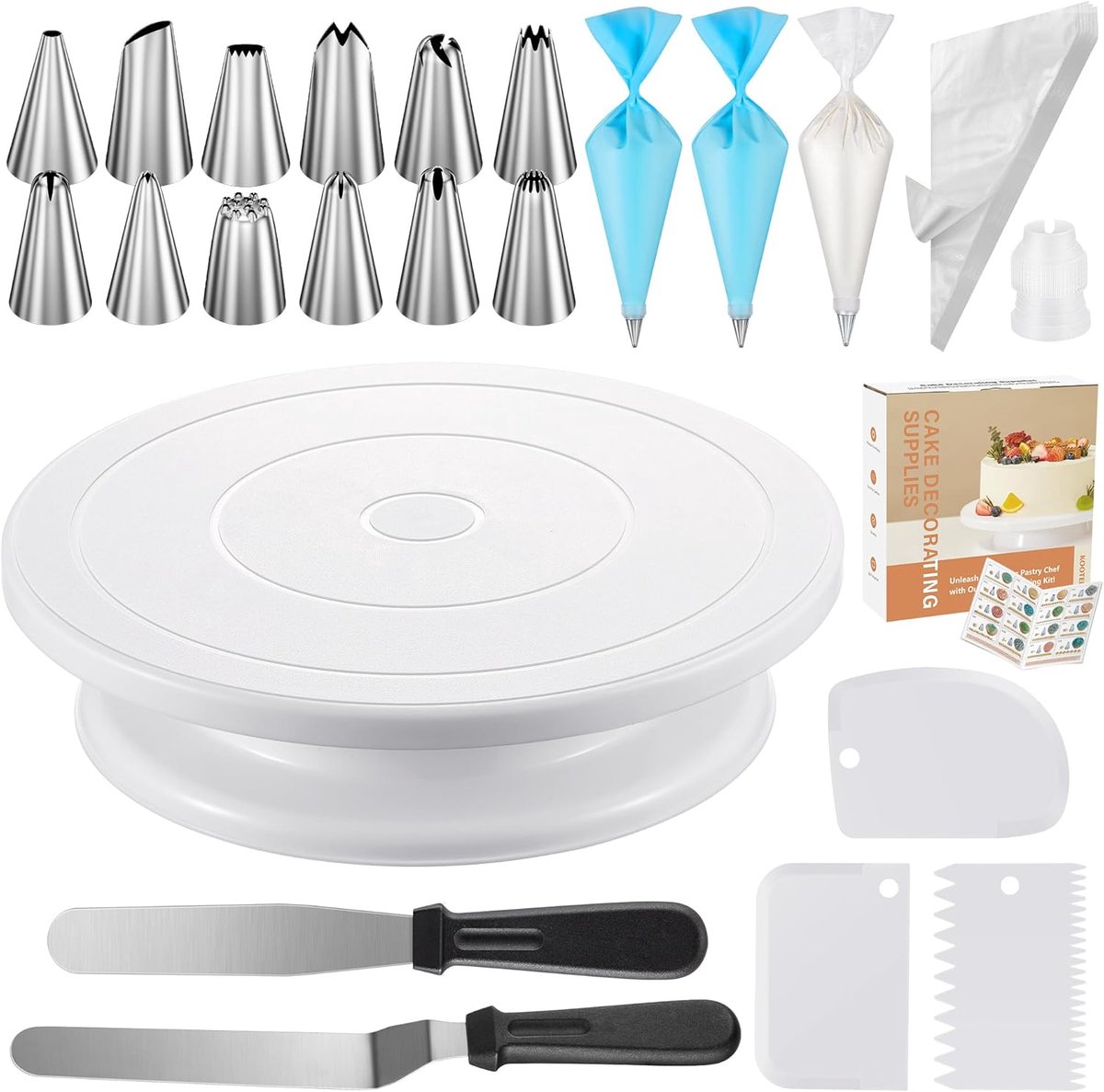 Taart Decoratie Set - Set van 71 stuks - Bakset Kinderen - Taart & Cupcake Versiering - Taartplateau - Taartvorm - Taartversieringen - Taarttopper - Herbruikbare Spuitzak - Wit