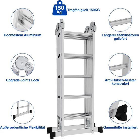 Daromigo Multifunctionele ladder 4x4, 4-in-1 aluminium ladder, vouwladder, mobiel steiger, ladder, werkplatform, multifunctionele ladder, maximale belasting 150 kg, zwart