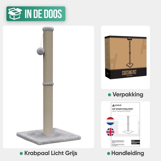 Avalo Griffoir avec balle de jeu - 36x36x74 - Gris clair - Griffoir pour Chats