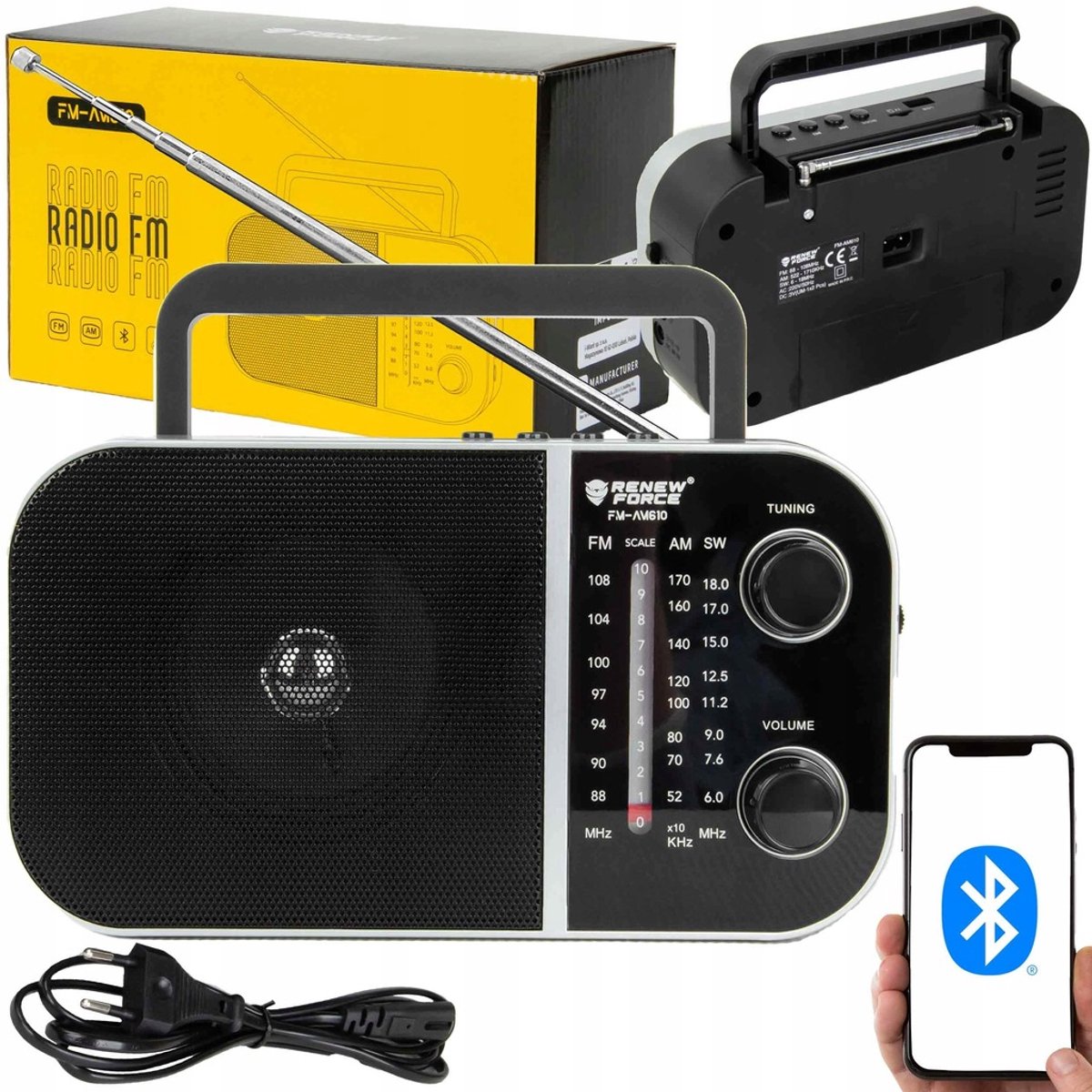 Renew Force FM-AM610 – Draagbare AM/FM Radio + BT & USB – Zwart