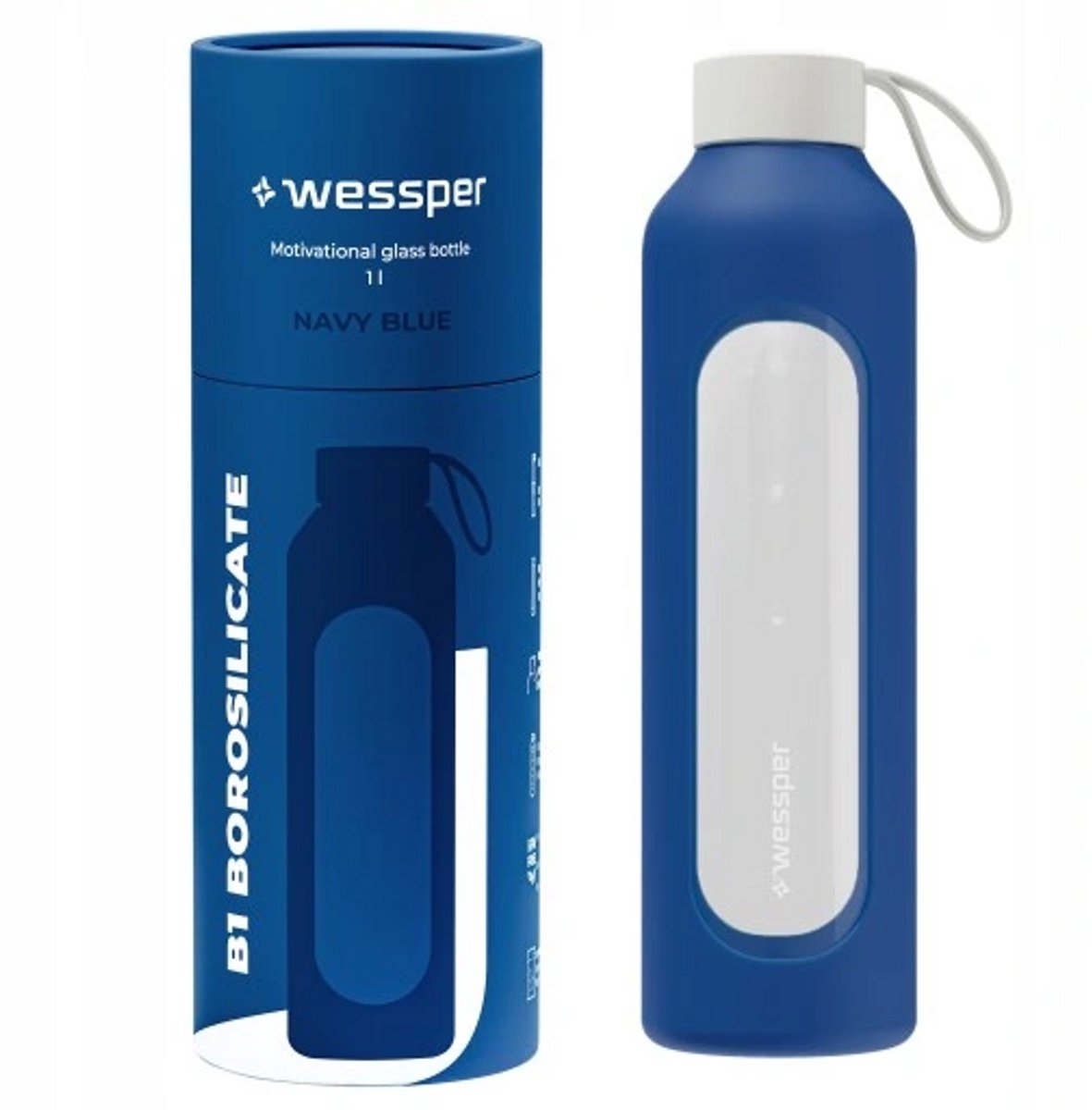 Glazen Motivatiefles 1000ml – Duurzame Waterfles in NAVY BLUE