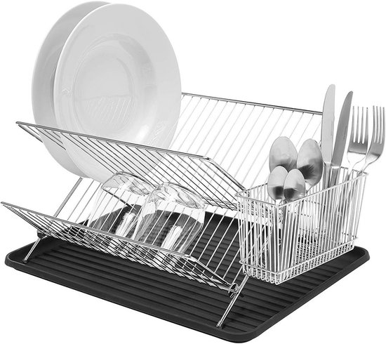 simplywire - Afdruiprek - Roestbestendig Droogrek - Verchroomd Staal met Witte Plastic Bestekmand