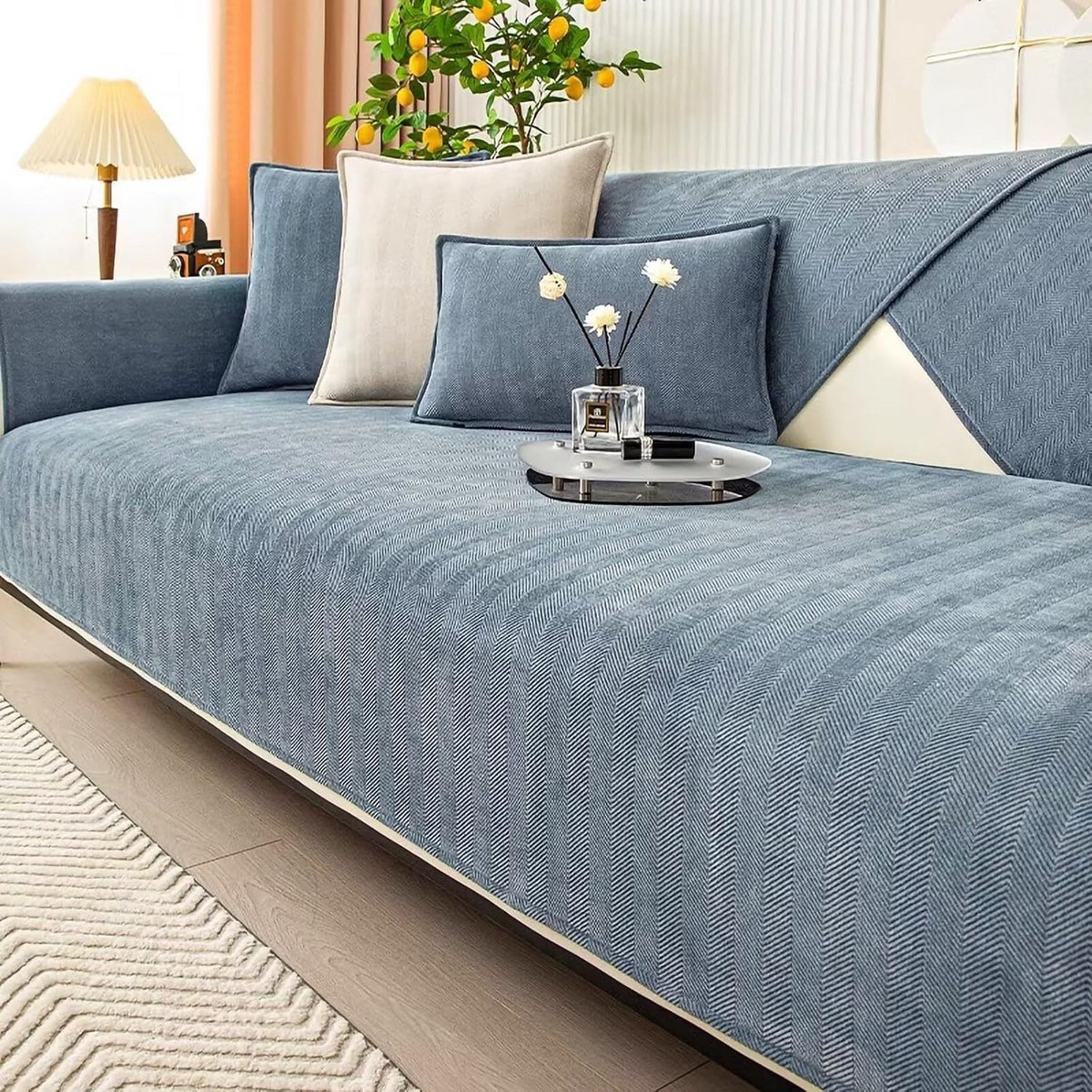 Antislip Plaid voor Bank en Sofa - Visgraatstructuur - Beschermhoes voor Meubels - 70x150 cm Blauwgrijs