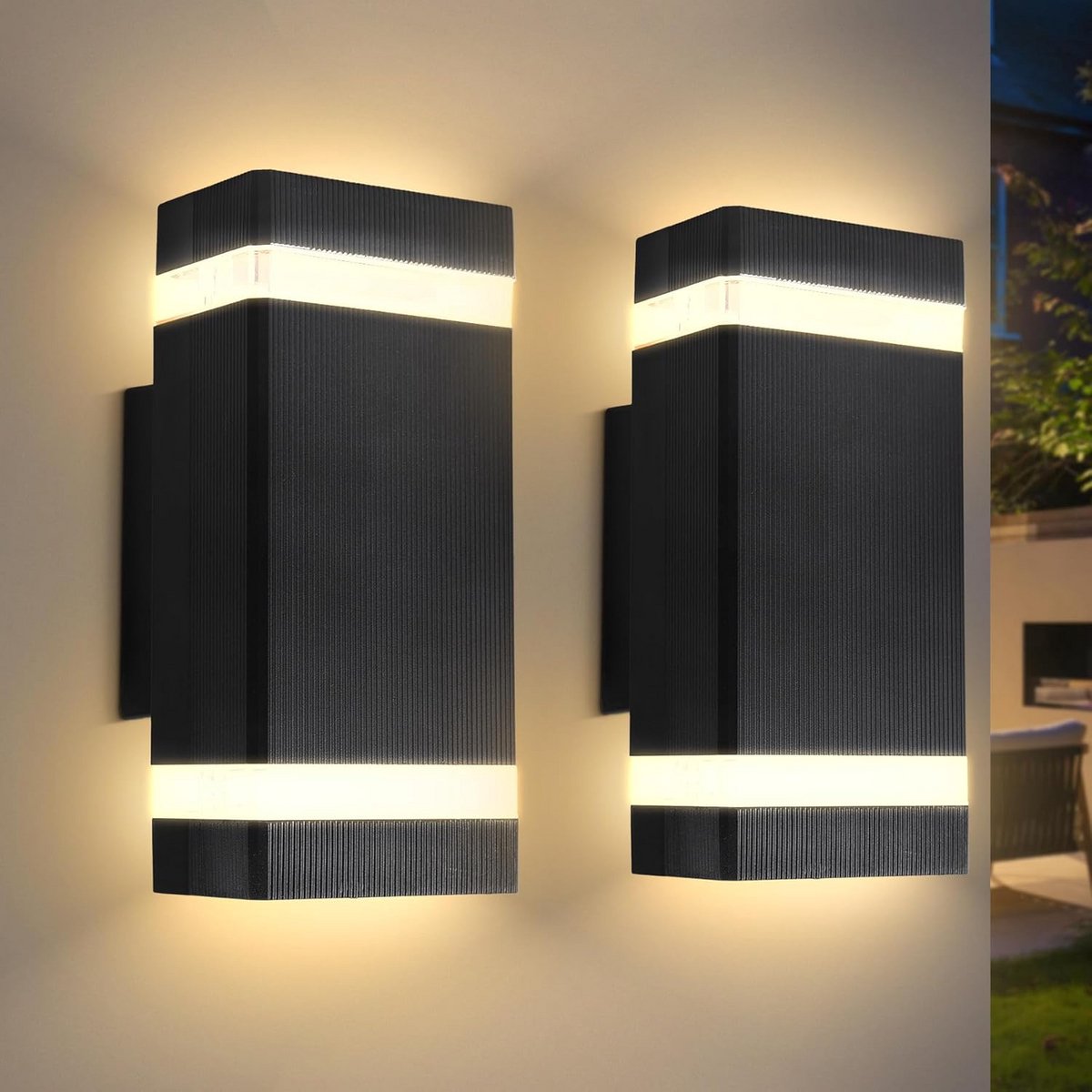 Set van 2 Zwarte IP65 Waterdichte LED Wandlampen voor Buiten en Binnen
