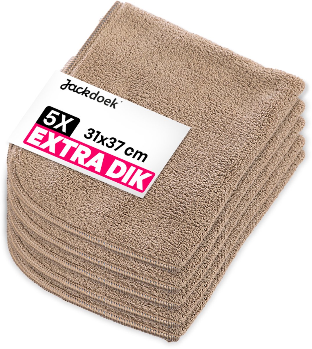 Jackdoek Classic Microvezeldoekjes - 5 pack - 31x37cm - Extra dik - Beige - Streeploos, Sterk absorberend en Wasbaar - Voor Glas, Tegels, Keuken, Badkamer, Auto, Beeldscherm