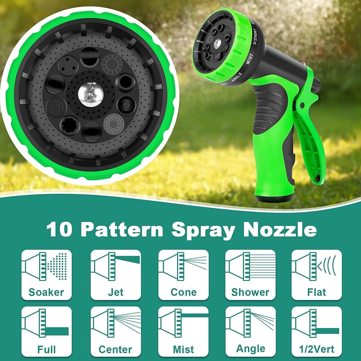 Tuinslang 100 ft/30 m - Flexibele Slang met 10-Functie Pistool - Puur Messing 3/4" Aansluitingen - Lichtgewicht en Knikvrij - Groen/Zwart – foto 2