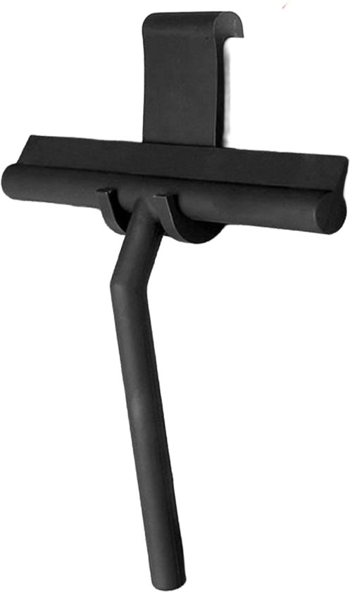 Raclette de douche noire avec un manche en forme de T et un cintre pratique.