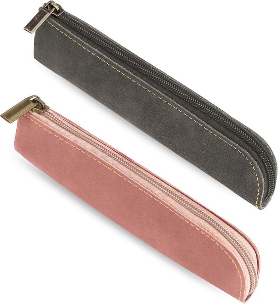 longziming -Étui en Cuir PU Élancé avec Fermeture Éclair – Compartiment Compact pour Stylos pour Bureau & École – Trousse à Stylos Rétro pour Stylos, Pinceaux à Maquillage et Accessoires