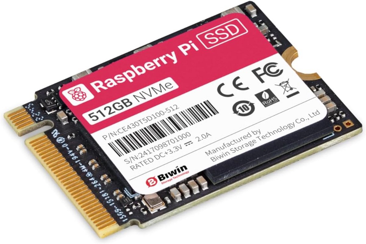 Snelle NVMe SSD voor Raspberry Pi 5 (512 GB) - PCIe Gen 3 Opslag