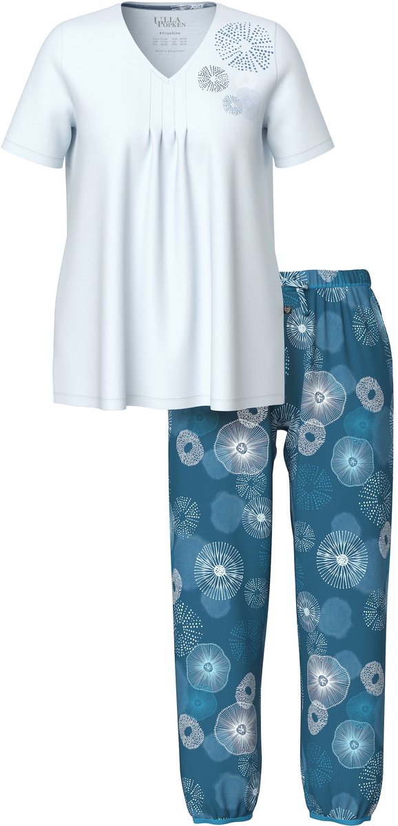 Ulla Popken Dames - Pyjama cirkels V-hals korte mouwen elastische zoom - Ijszeeblauw - Maat 50+