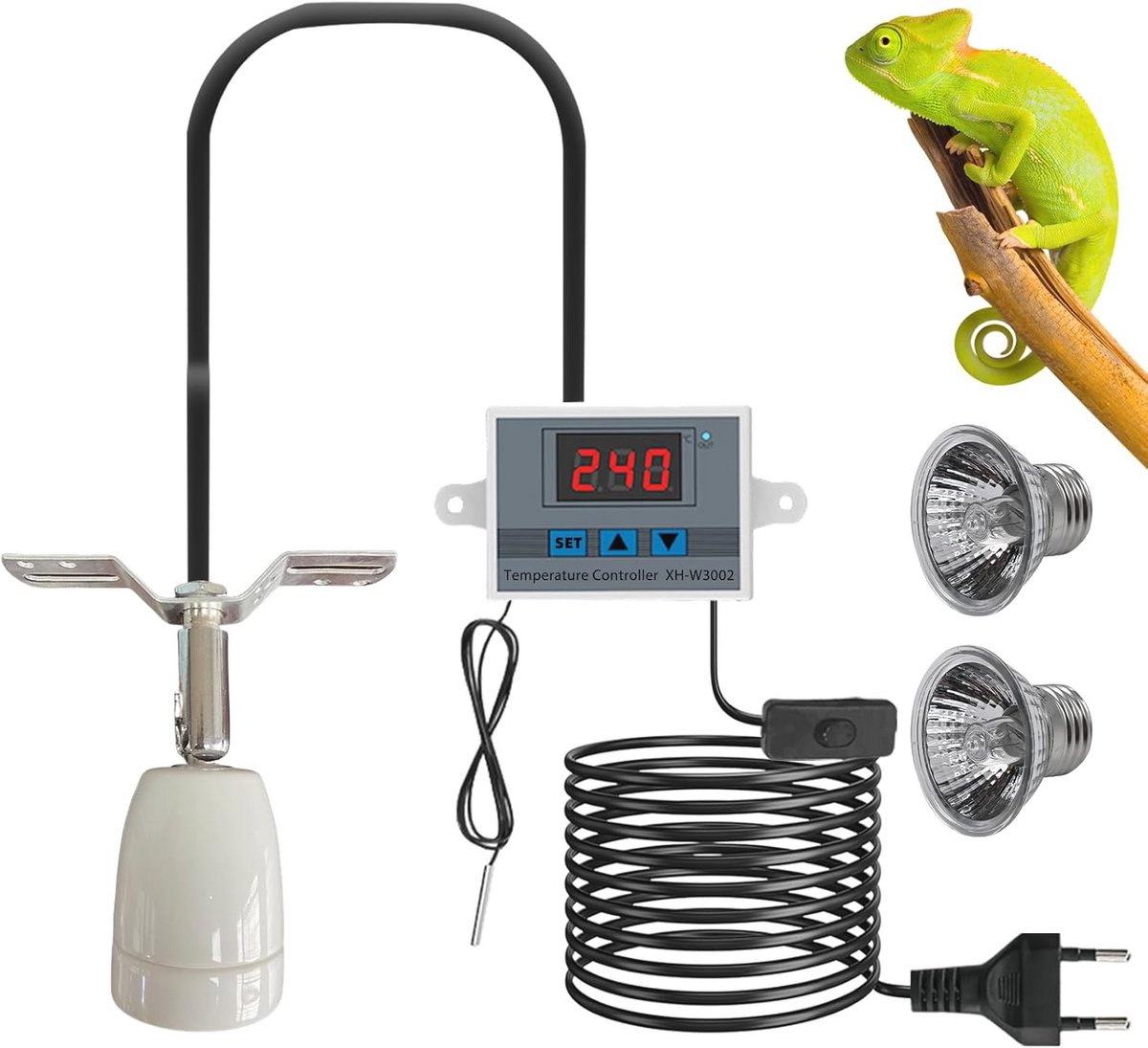 Dimbare Terrariumverwarmingslamp met Schakelaar en 2 Verwarmingslampen E27 voor Reptielen