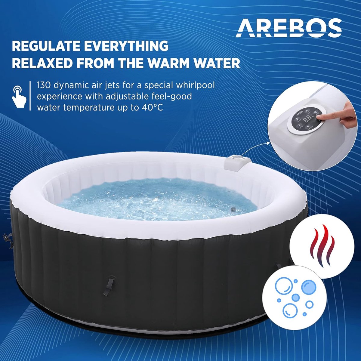 Opblaasbaar Bubbelbad – Industrial Home Premium Spa 6-Persoons – 130 Luchtstralen – 208 cm Rond – 1000L – Automatische Opblaasfunctie – Verwarming tot 40°C – Massage Jacuzzi voor Binnen & Buiten – Luxe Opblaasbare Hottub Zwart