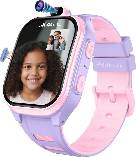 Phreeze Kinderhorloge Meisje - Smartwatch Kids - GPS Horloge Kind - Waterdicht - 4G - Met Simkaart - Belfunctie - Camera - Bellen - Spelletjes - Stappenteller - Alarmen - SOS - Roze & Paars