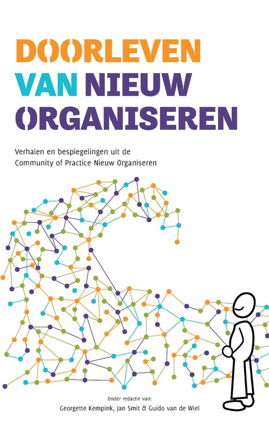 Boek 'Doorleven van Nieuw Organiseren' met abstracte golvende lijnen in oranje, groen en paars en een simpel figuurtje.
