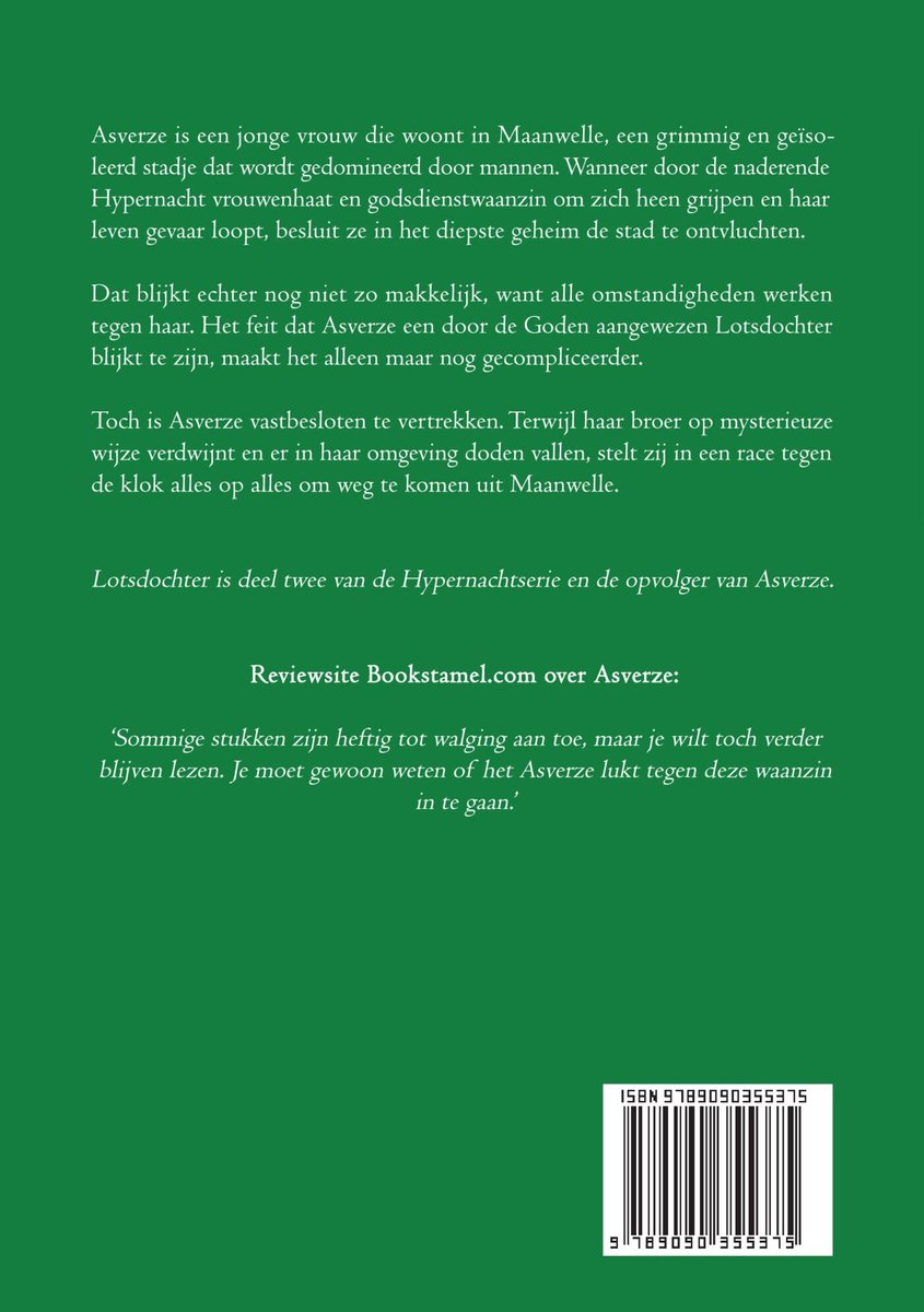 Achterkant van het boek 'Lotsdochter', deel twee van de Hypernachtserie, met ISBN en een recensie.