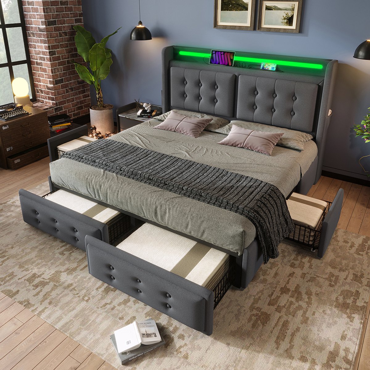 YEHTOKHOME Gestoffeerd bed 180x200 cm met opbergruimte, Tweepersoonsbed met LED, USB C-type oplaadfunctie, 4 lades, 2 zijvakken, Opbergbed met houten lattenbodem, grijs, katoen (zonder matras)