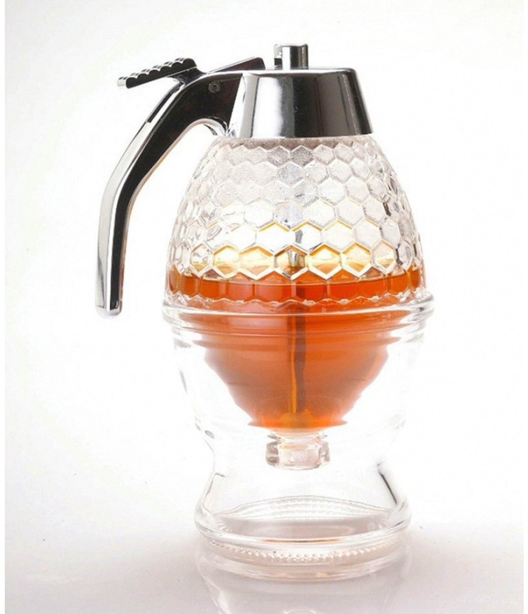 Honingdispenser, siroopdispenser, mooie honingraat honingpot, honingpot met standaard