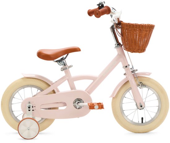 Vélo rose pour enfant avec selle marron, panier marron et roulettes d'entraînement.